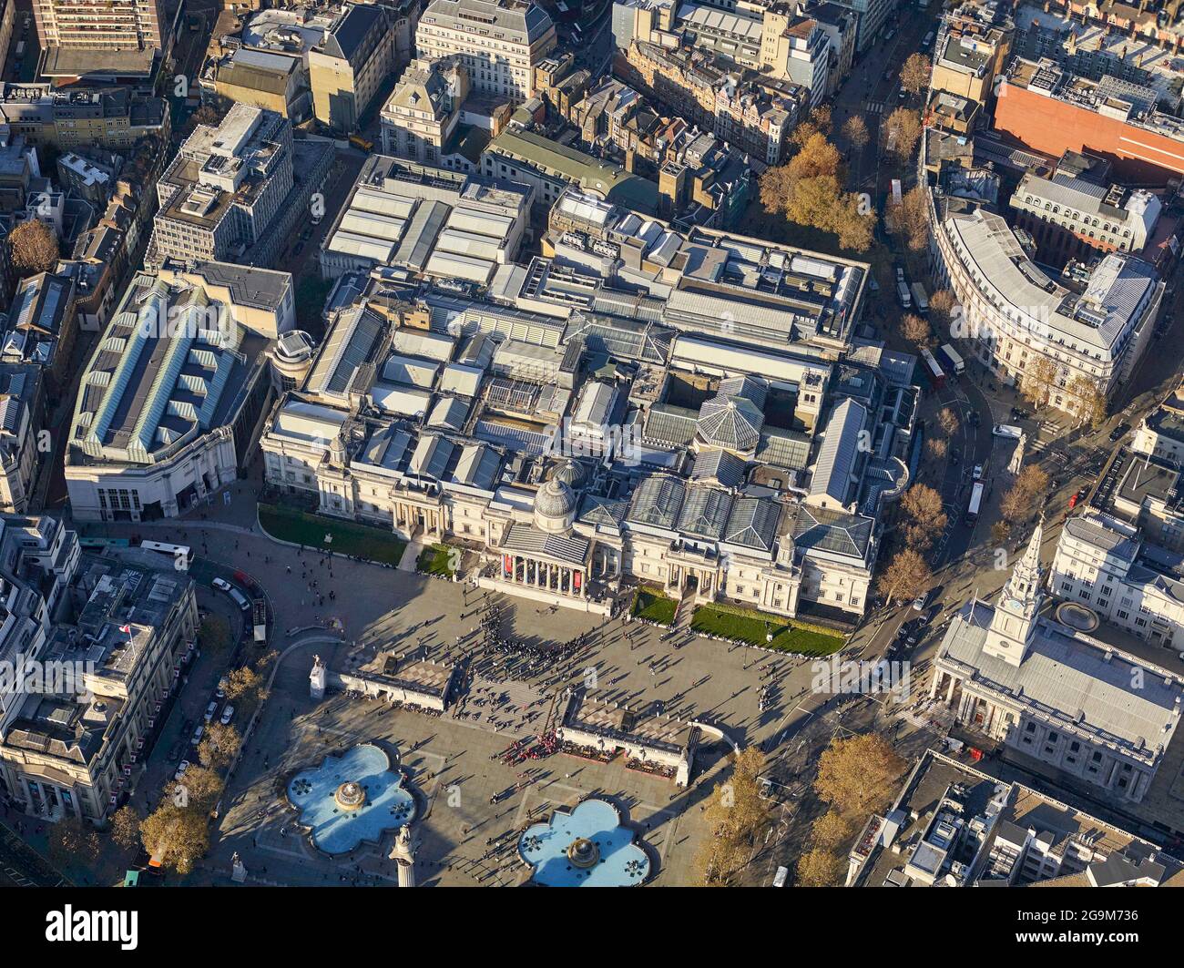 An aerial photograph of The National Portrait Gallery, Trafalgar Square, busy with tourists ,London, UK Stock Photo