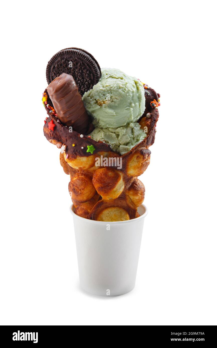 Hong Kong waffles with pistachio ice cream decorated with coockies and