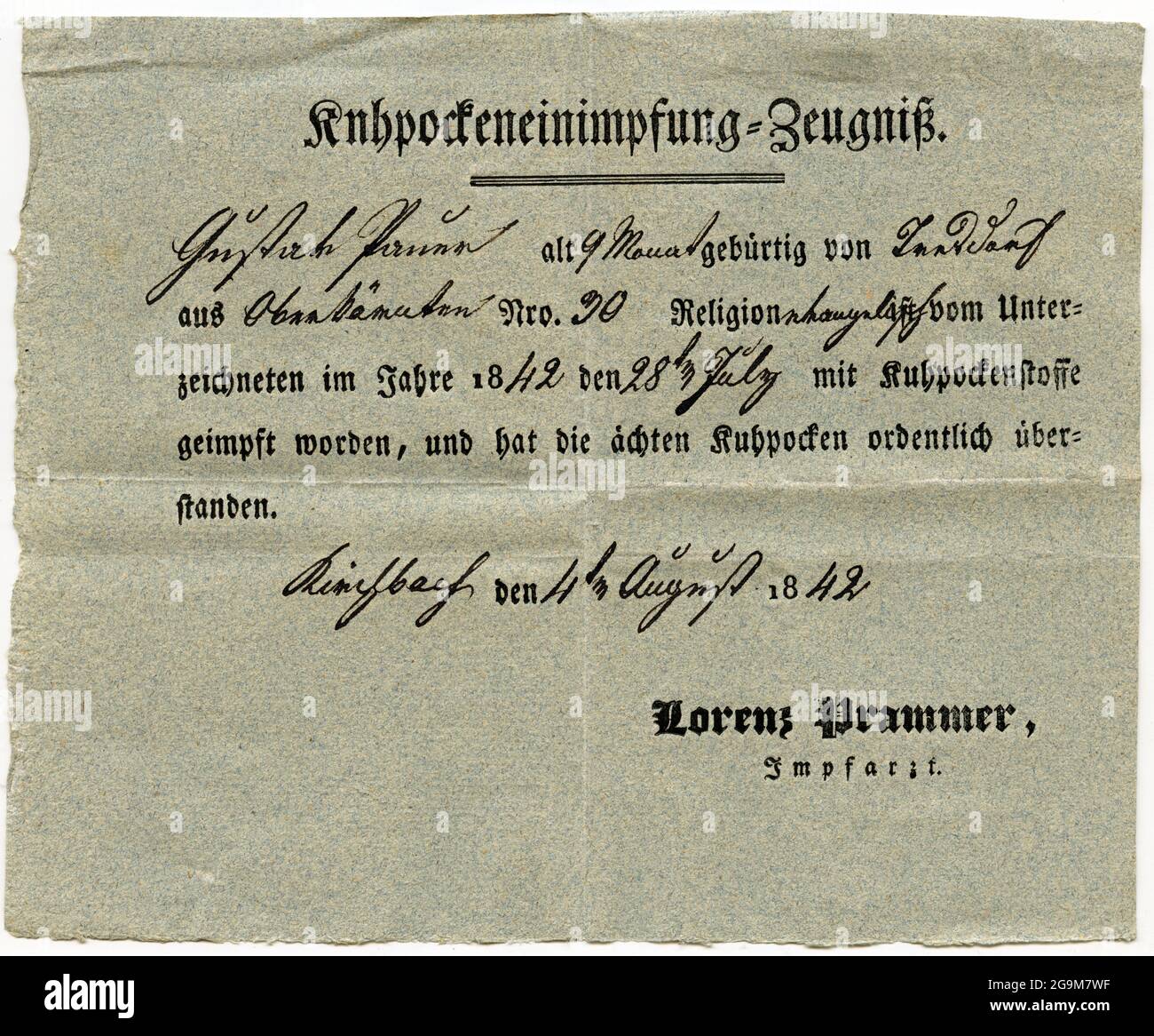 Kärnten, vaccination certificate about smallpox vaccination, written in historical writing, ADDITIONAL-RIGHTS-CLEARANCE-INFO-NOT-AVAILABLE Stock Photo