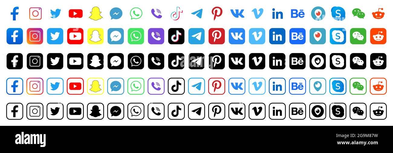 Vinnytsia, Ukraine - July 26, 2021. Social media icons or social network logos. Facebook, Instagram, Twitter, Youtube, Snapchat, Whatsap, Viber, Tik T Stock Vector