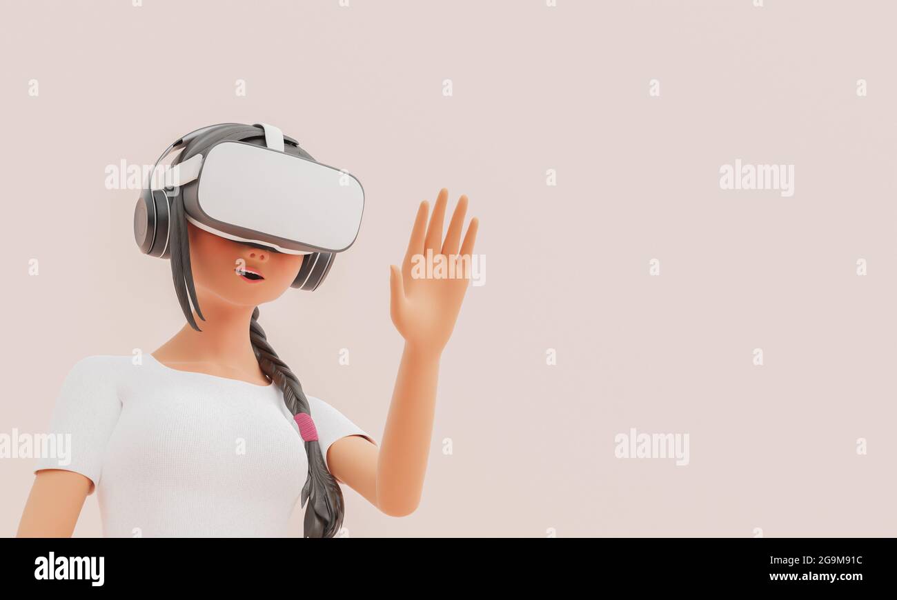 close-up of a girl with VR glasses and raised hand with funny face in ...