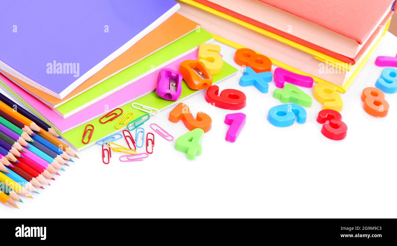 School supplies isolated on white Stock Photo - Alamy