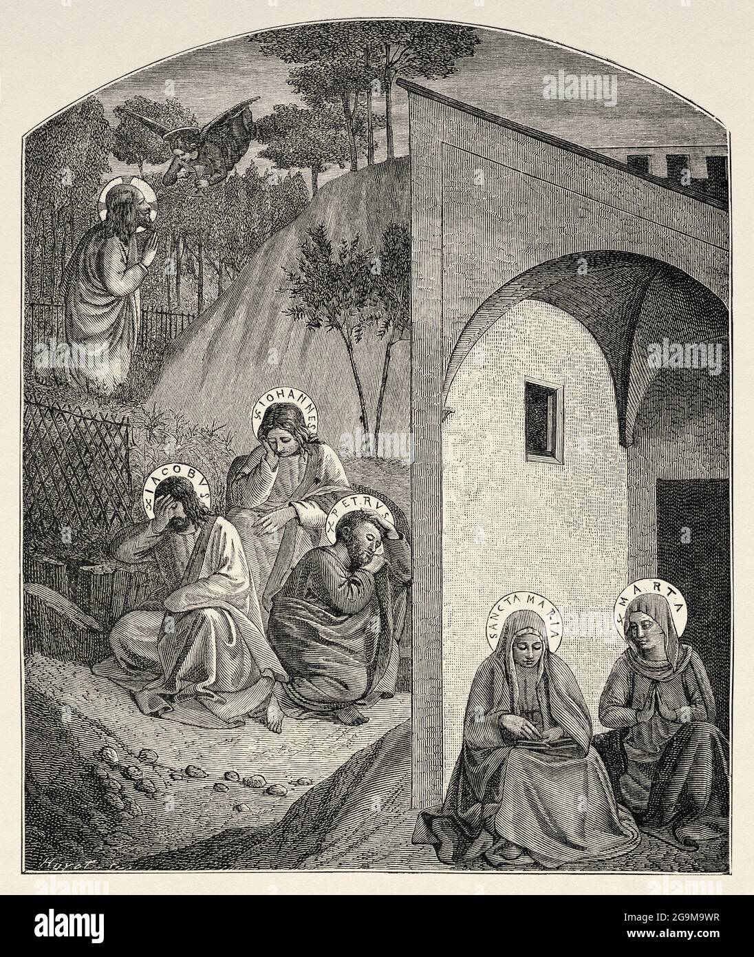 The agony in the garden. Agony of Jesus Christ in Gethsemane, the apostles sleep, Martha and the Virgin Mary watch and pray. Fresco by Fra Angelico from the Convent of San Marcos Florence 15th century. Old 19th century engraved illustration from Jesus Christ by Veuillot 1881 Stock Photo