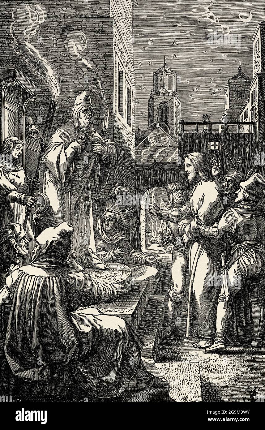 Christ Before Caiaphas. Old 19th century engraved illustration from Jesus Christ by Veuillot 1881 Stock Photo