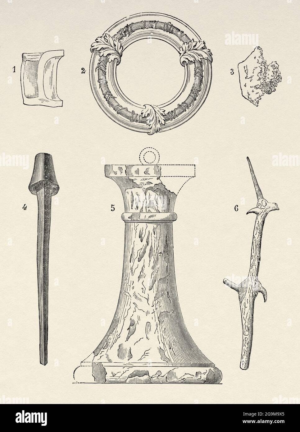 Instruments of the passion of Jesus Christ. 1 Relic of the reed, 2 Crown of thorns, 3 Remnants of the sponge, 4 A nail, 5 The column of the scourging, 6 A thorn of the crown. Old 19th century engraved illustration from Jesus Christ by Veuillot 1881 Stock Photo