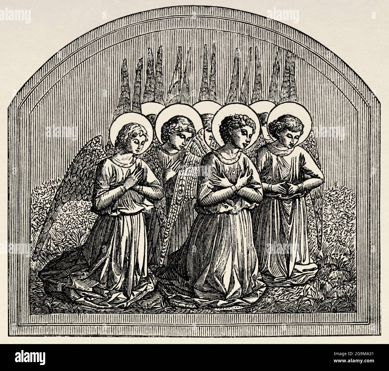 The prayer of the angels. Fresco in Palazzo Medici Riccardi by Benozzo Gozzoli. Renaissance, Florence. 15th century, Italy. Old 19th century engraved illustration from Jesus Christ by Veuillot 1881 Stock Photo