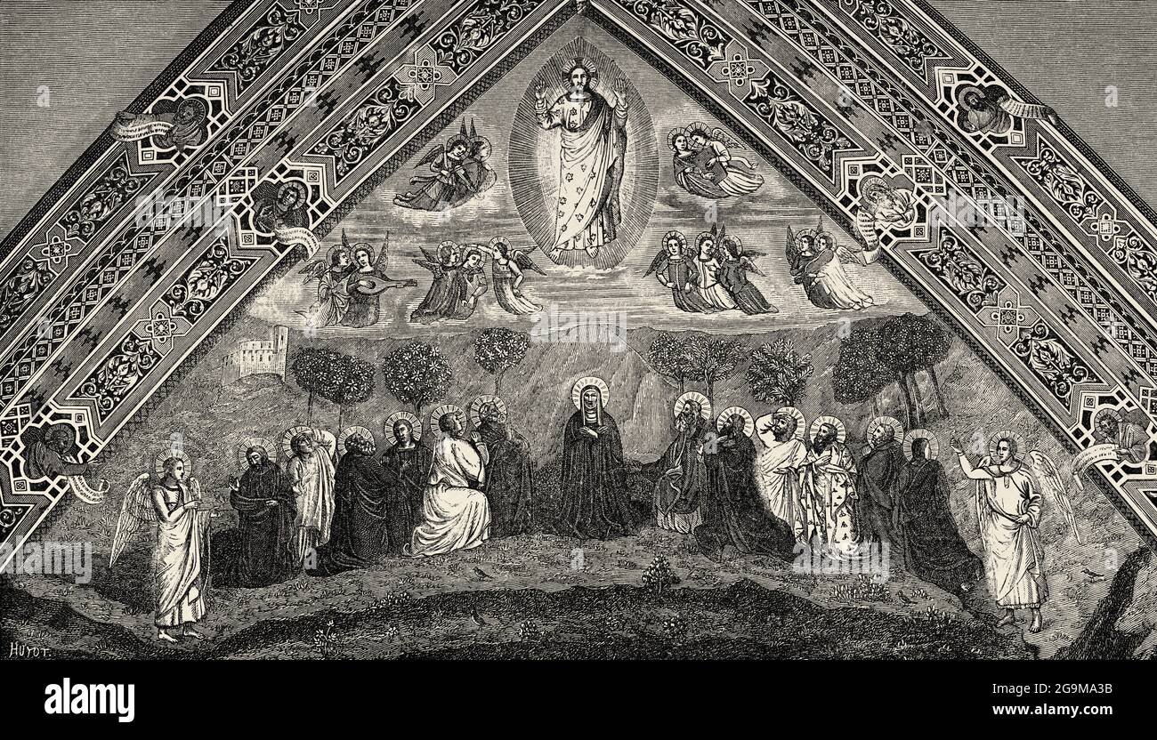 The ascension of Christ. Our Lord Jesus the son of God ascends to the heavens before the apostles. Luke book, New Testament Sacred biblical history. Old 19th century engraved illustration from Jesus Christ by Veuillot 1881 Stock Photo