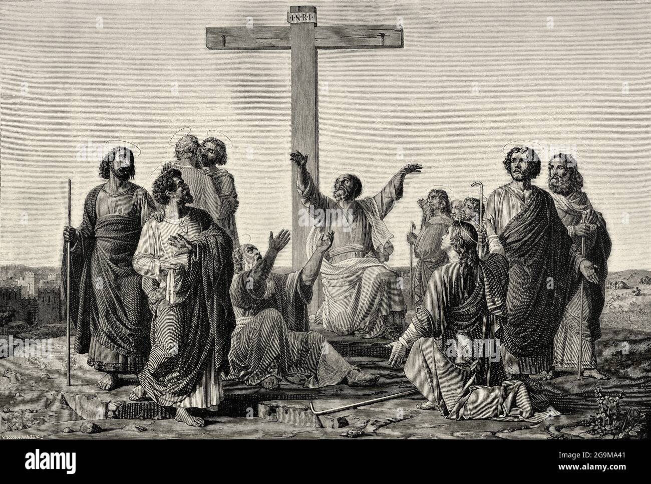 The Mission of the Apostles. The apostles gathered at the foot of the cross separate to preach the gospel to the nations. Old 19th century engraved illustration from Jesus Christ by Veuillot 1881 Stock Photo