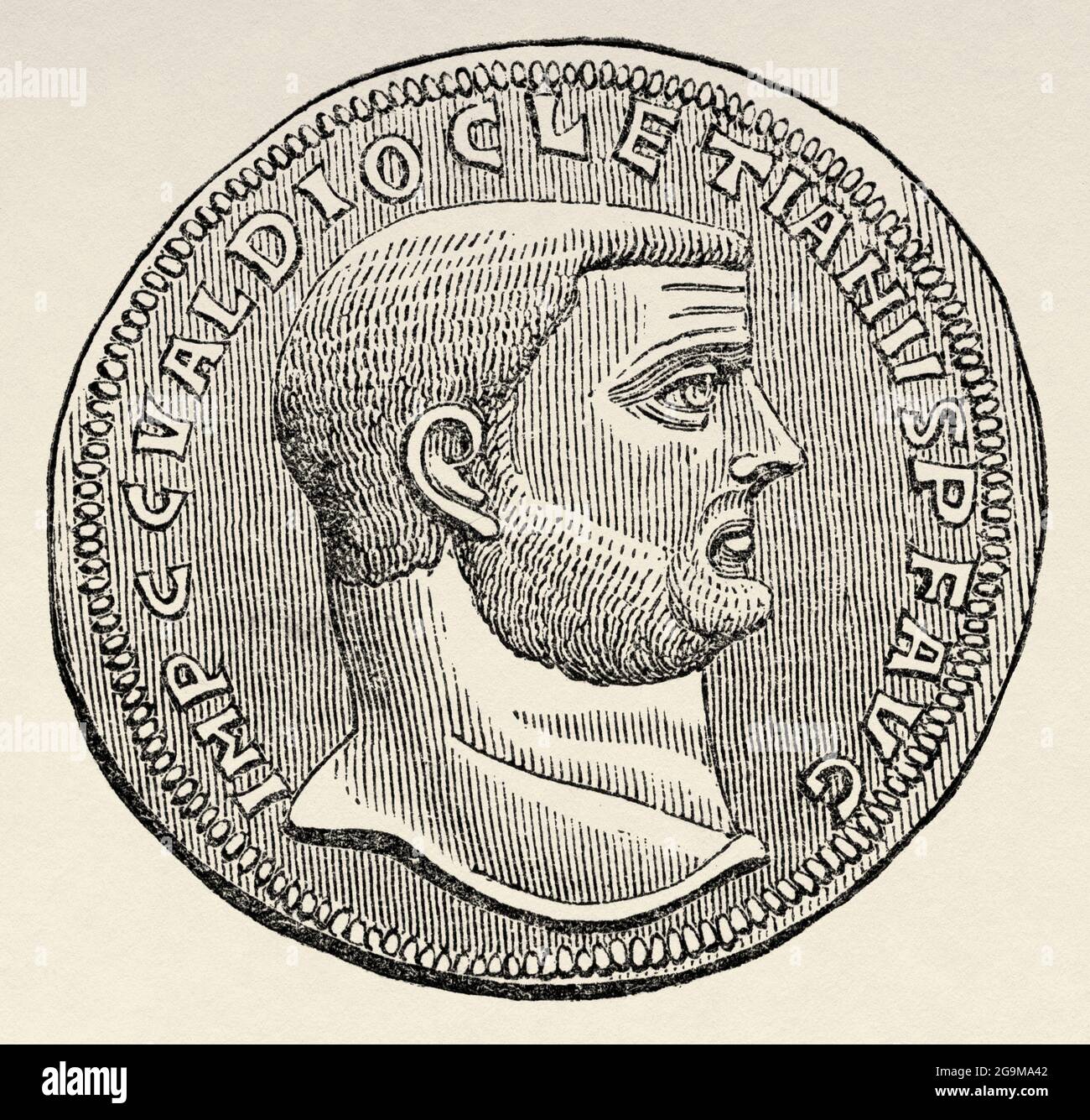 Diocletian Emperor Medal. Old 19th century engraved illustration from Jesus Christ by Veuillot 1881 Stock Photo
