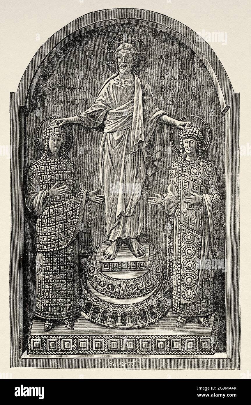 The Imperial Consecration of Roman emperor Flavius Arcadius (377-408) and Aelia Eudoxia. Byzantine sculpture with the imperial consecration, with Christ on the crowned heads of the emperor and empress. Jesus Christ blessing the emperor and empress. Old 19th century engraved illustration from Jesus Christ by Veuillot 1881 Stock Photo