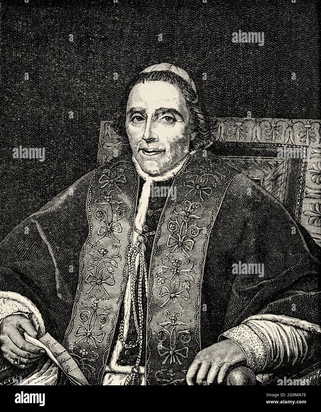 Portrait of Pope Pius VII (1742-1823) Barnaba Niccolò Maria Luigi Chiaramonti. Holding the Concordat of 25 January. 1813, Italy, Europe. Old 19th century engraved illustration from Jesus Christ by Veuillot 1881 Stock Photo