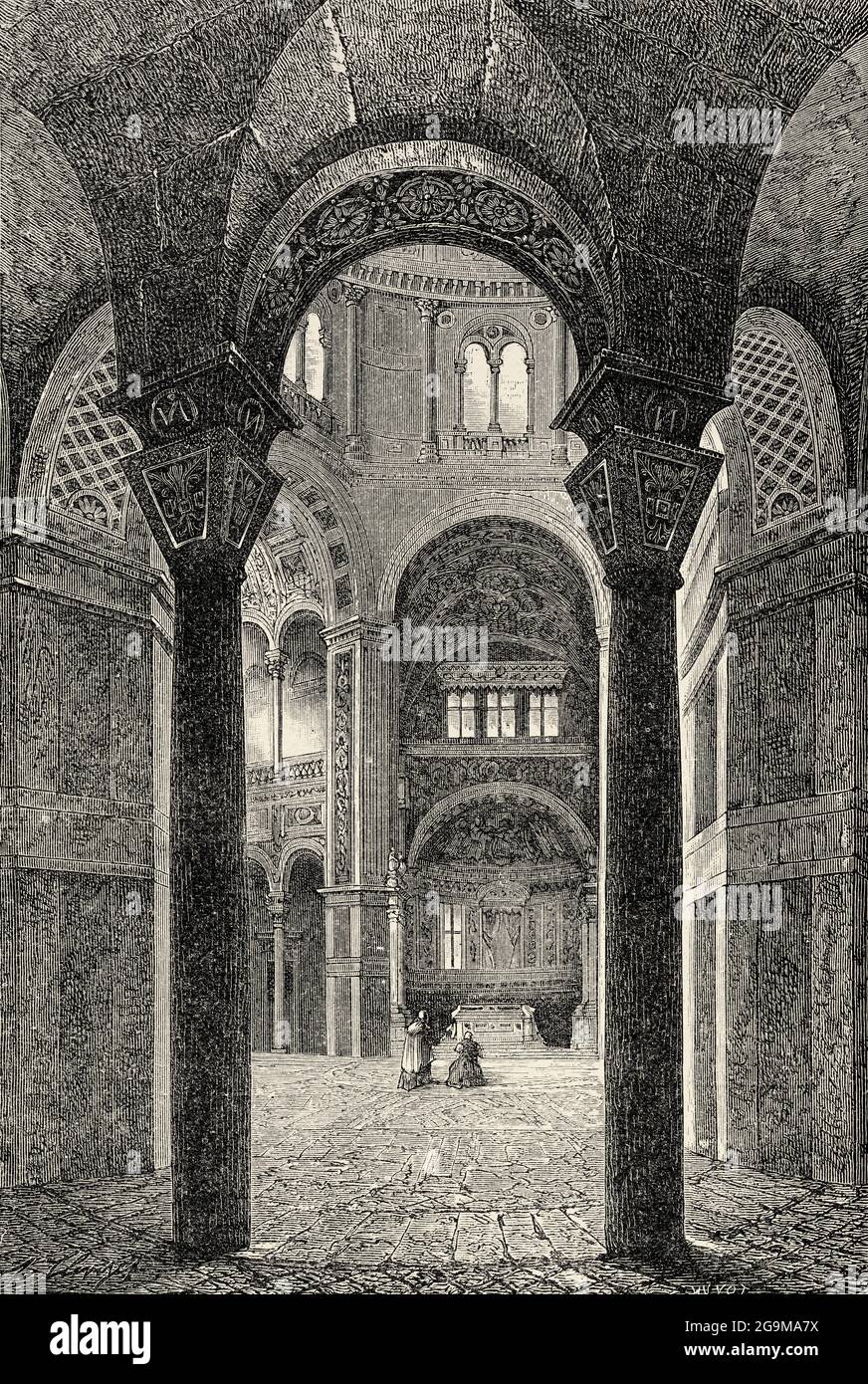 Inside view of the church San Vitale to Ravenna, Emilia Romagna. Italy, Europe. Old 19th century engraved illustration from Jesus Christ by Veuillot 1881 Stock Photo