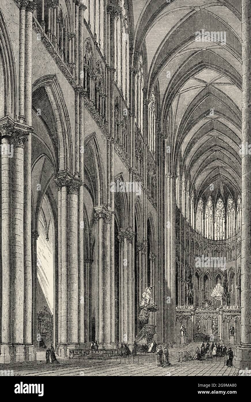 Ogival architecture. Interior of Cathedral Notre Dame, Amiens, Picardy, France. Old 19th century engraved illustration from Jesus Christ by Veuillot 1881 Stock Photo