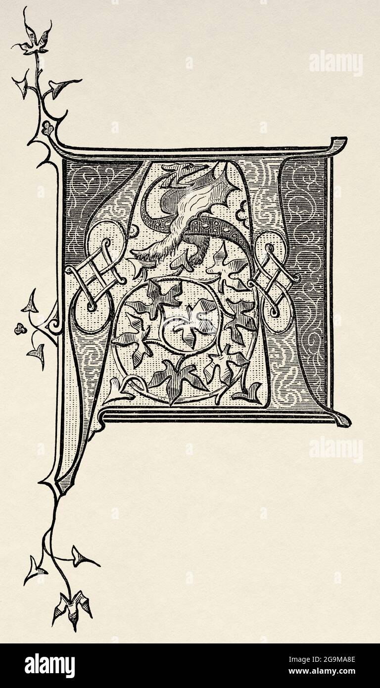 Initial capital letter A, 14th Century. Old 19th century engraved illustration from Jesus Christ by Veuillot 1881 Stock Photo