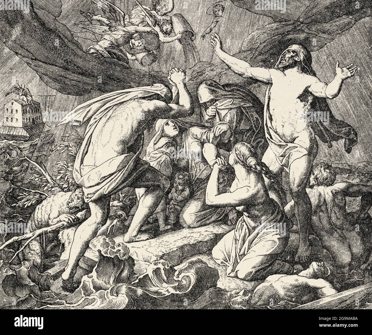 Genesis. The great flood, Arca Noe. The water began to fall. It fell from the sky as when one spills water from a bucket. Noah was right, no one else could enter the ark. Jehovah God had closed the door well. Sacred biblical history Old Testament. Old engraving from the book Historia Sagrada 1920 Juan Lagui Lliteras Stock Photo