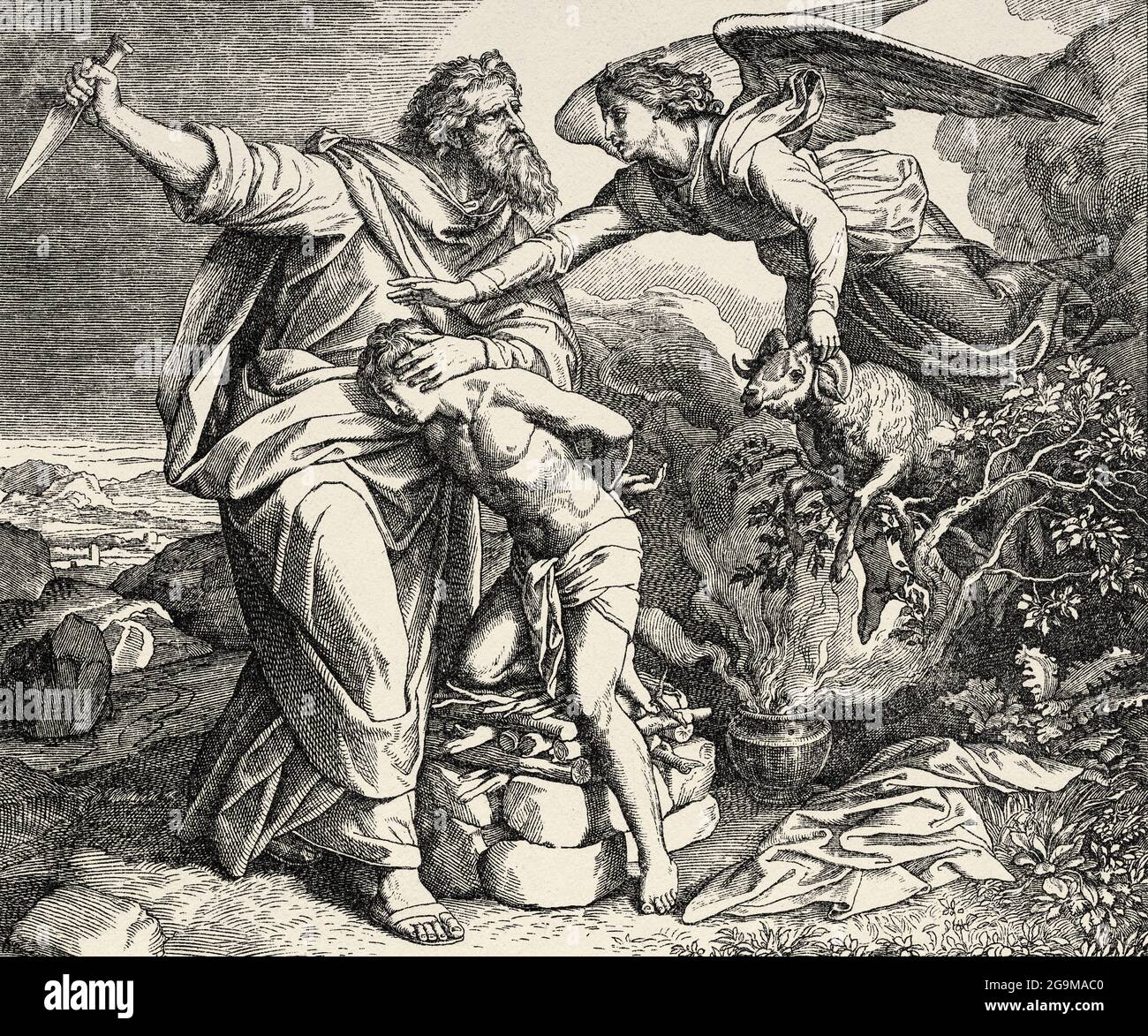 Genesis. The Sacrifice of Isaac. Abraham offering his son Isaac as a  sacrifice to God. Because of his obedience, God freed him from his vow and  placed a ram near that Abraham