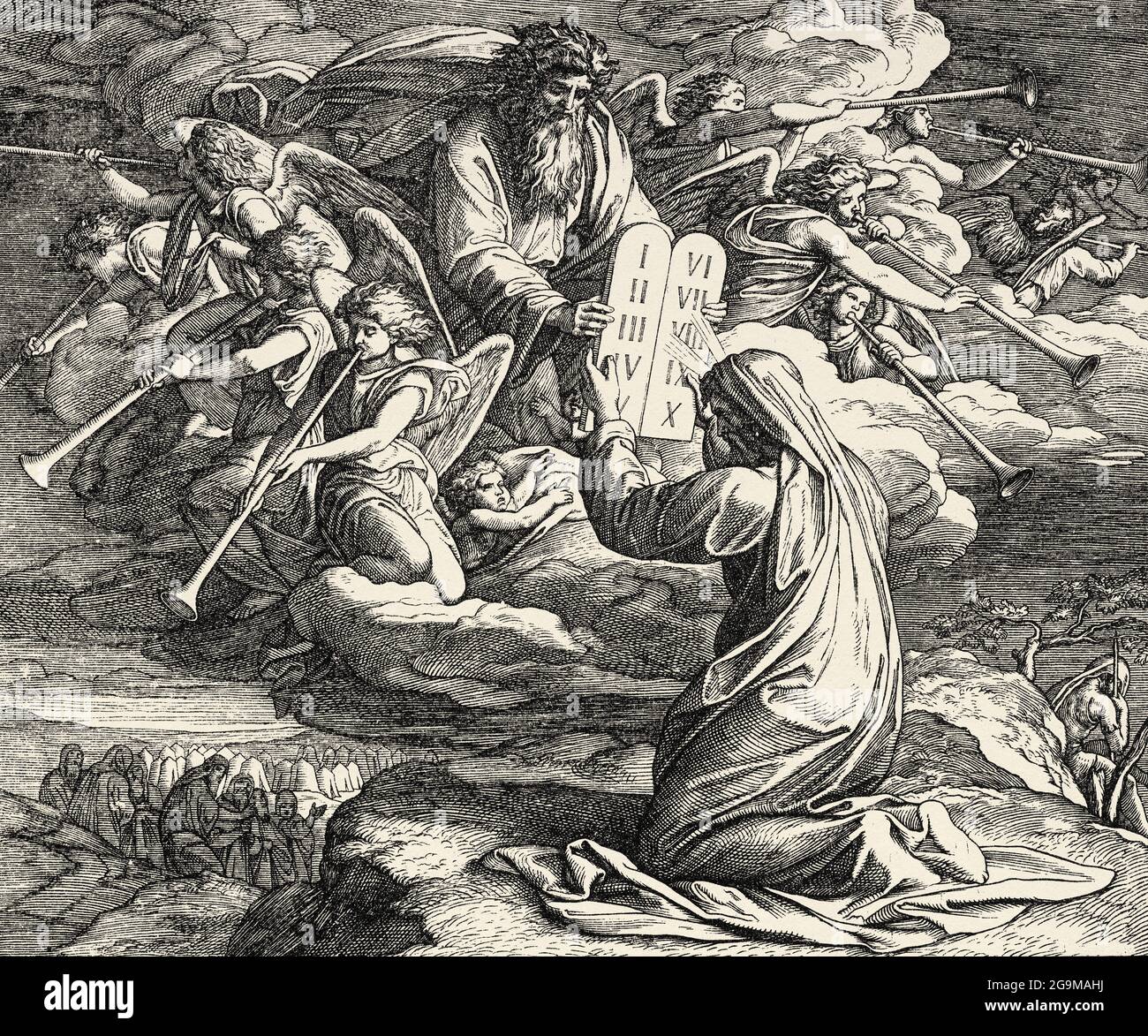 Exodus. God tables law. Moses receives the 10 commandments on Mount Sinai. Sacred biblical history Old Testament. Old engraving from the book Historia Sagrada 1920 Juan Lagui Lliteras Stock Photo