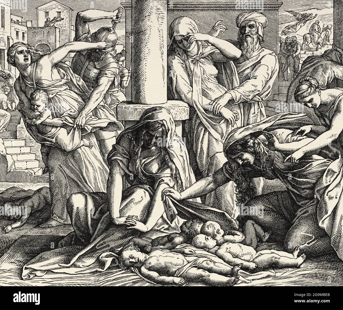 The child murder at Bethlehem. King Herod did kill all the children two years below. Matthew book, New Testament Sacred biblical history. Old engraving from the book Historia Sagrada 1920 Juan Lagui Lliteras Stock Photo