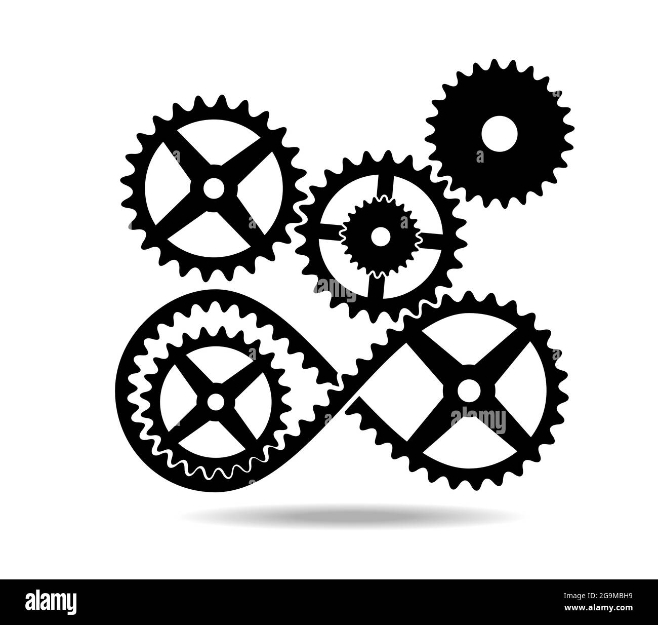 Black tape with teeth mobius loop and gears. Drive transmission. Number