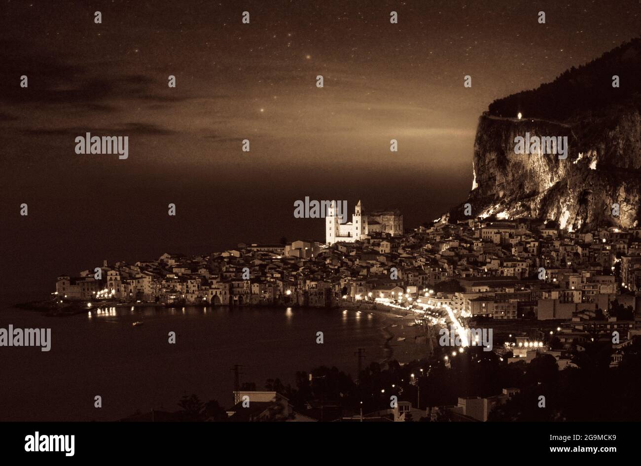 Italy Sicily Cefalù View in nocturne Stock Photo