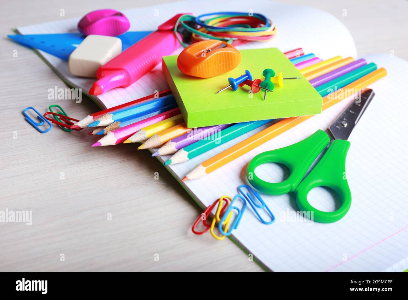 School supplies on desk, closeup Stock Photo Alamy