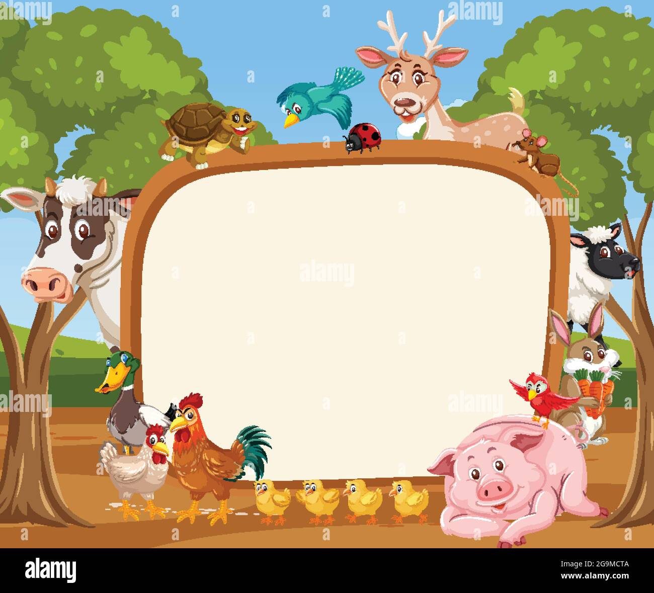 Empty banner with various wild animals in the forest illustration Stock ...