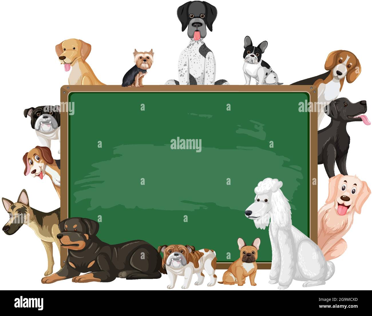 Empty blackboard with various breeds of dogs illustration Stock Vector