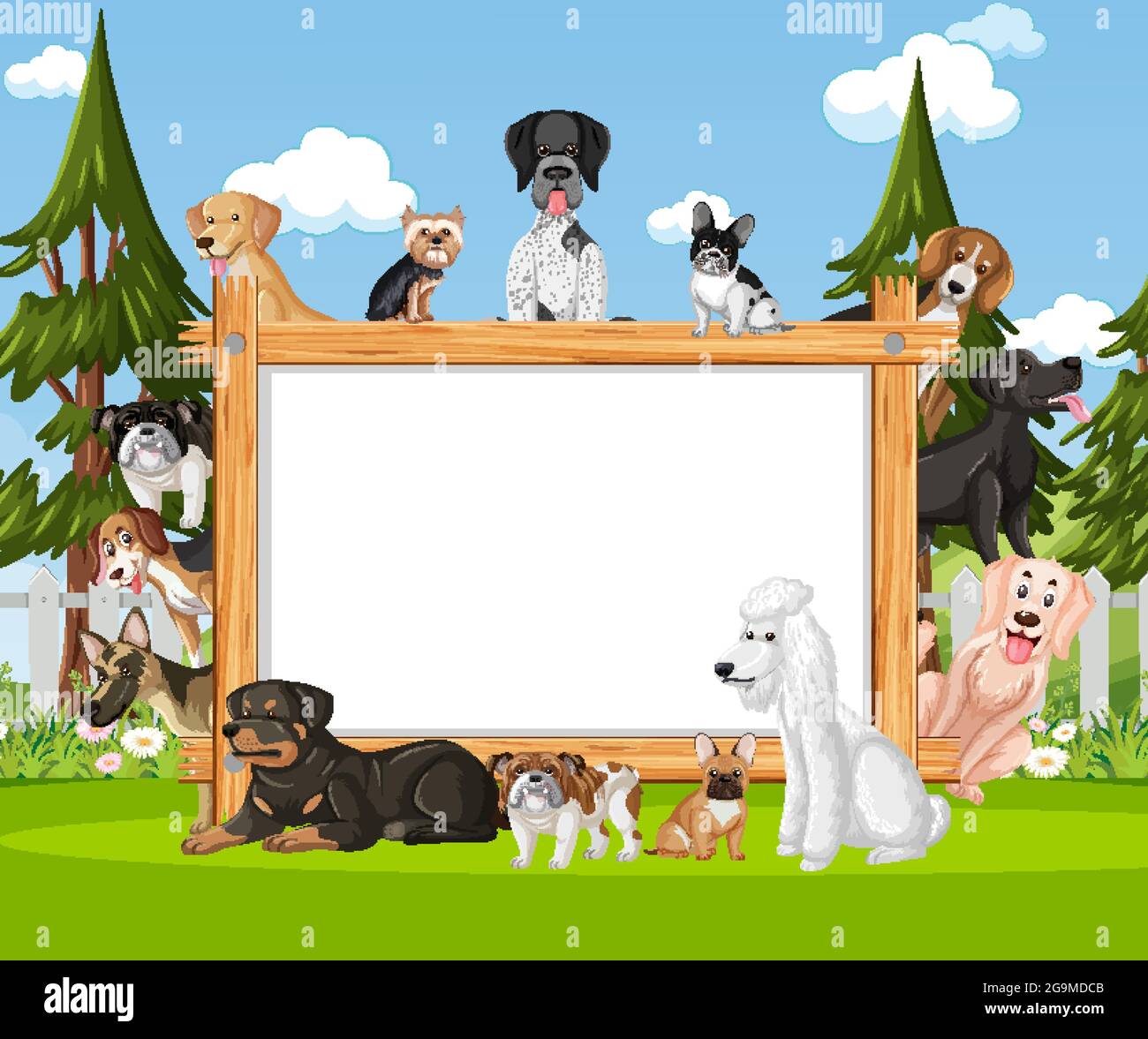 Empty wooden frame with various breeds of dogs in the park illustration Stock Vector