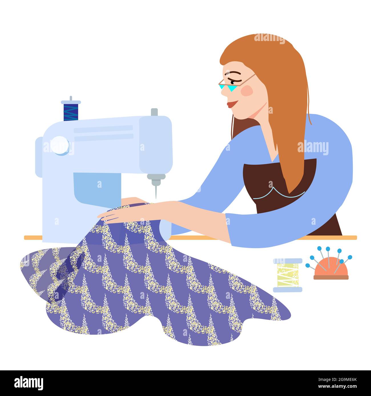 Fashionable girl seamstress dressmaker sews a stylish dress on a sewing machine. Vector illustration Stock Vector