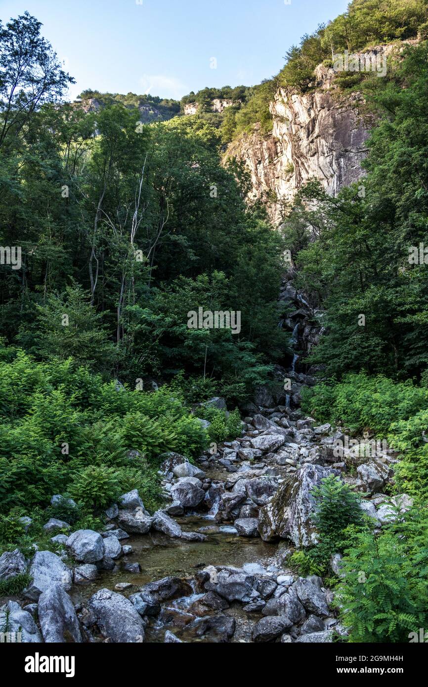 Vertical shot of a waterfall on the rocks in Ticino, Switzerland Stock ...