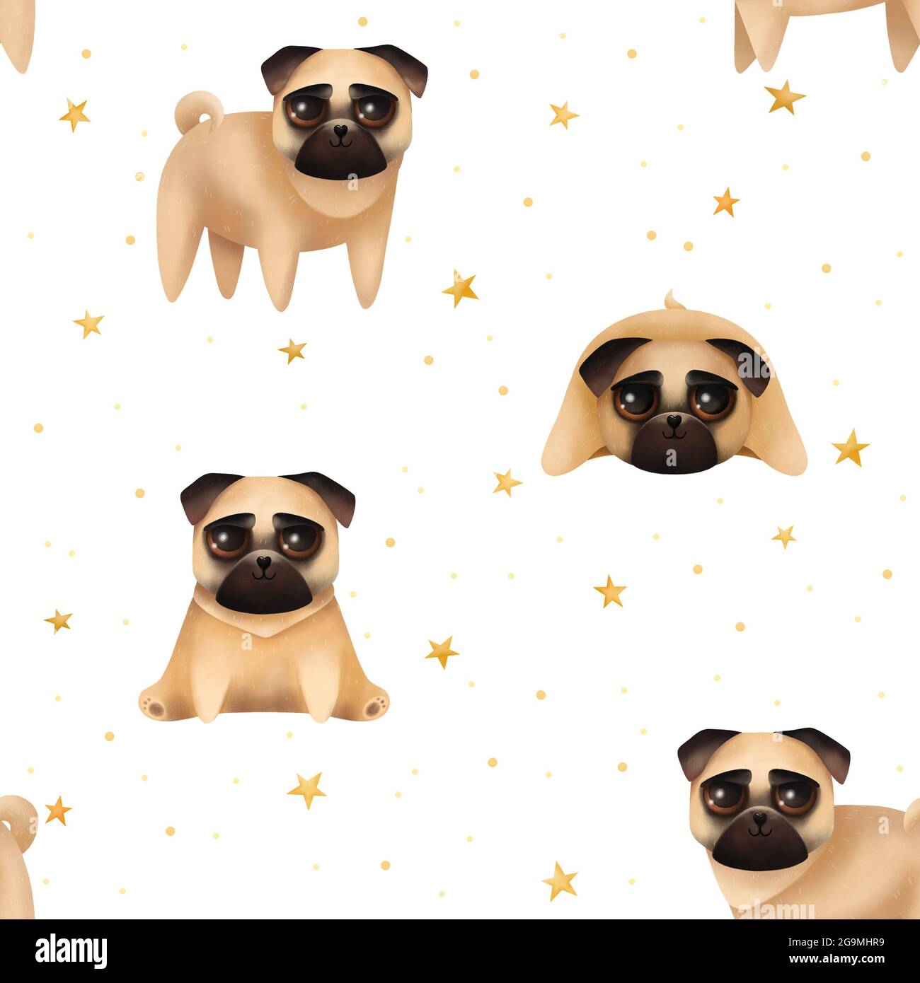 Seamless pattern with cute pugs. Pug and stars on a white background Stock  Photo - Alamy