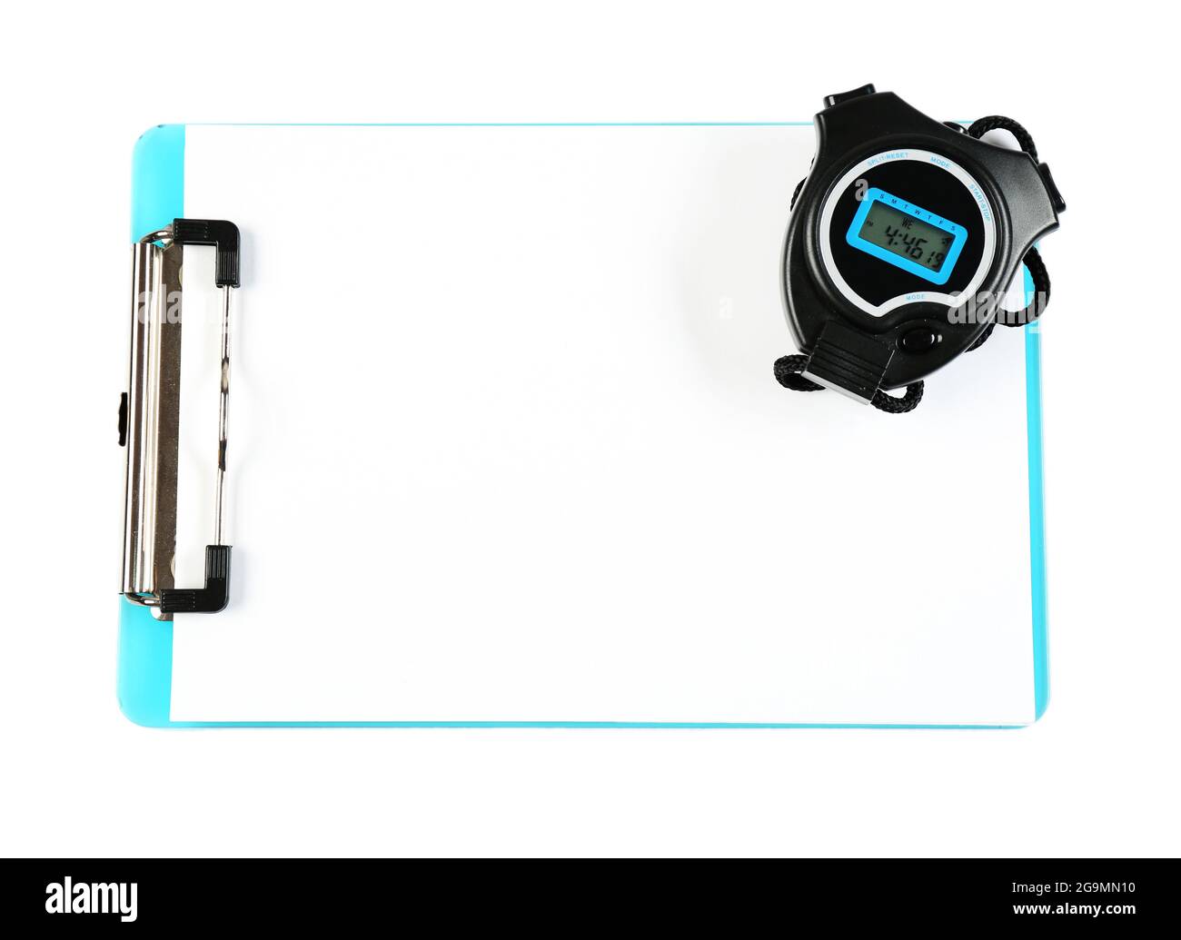Clipboard with stopwatch isolated on white Stock Photo Alamy