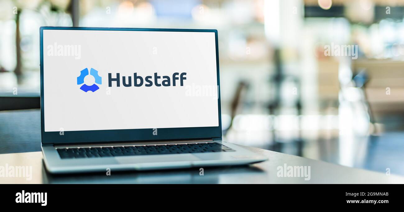 POZNAN, POL JUN 12, 2021 Laptop computer displaying logo of Hubstaff