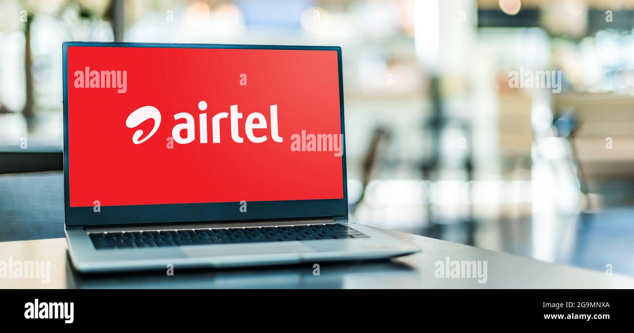 POZNAN, POL - JUL 3, 2021: Laptop computer displaying logo of Bharti Airtel Limited, a multinational telecommunications services company based in New Stock Photo