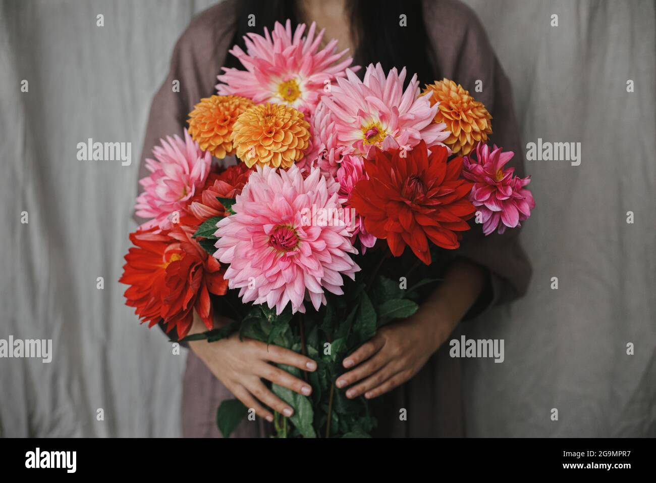 Woman holding autumn flowers bouquet in rustic room. Florist in linen dress holding beautiful colorful dahlias, aesthetic. Autumn season in countrysid Stock Photo
