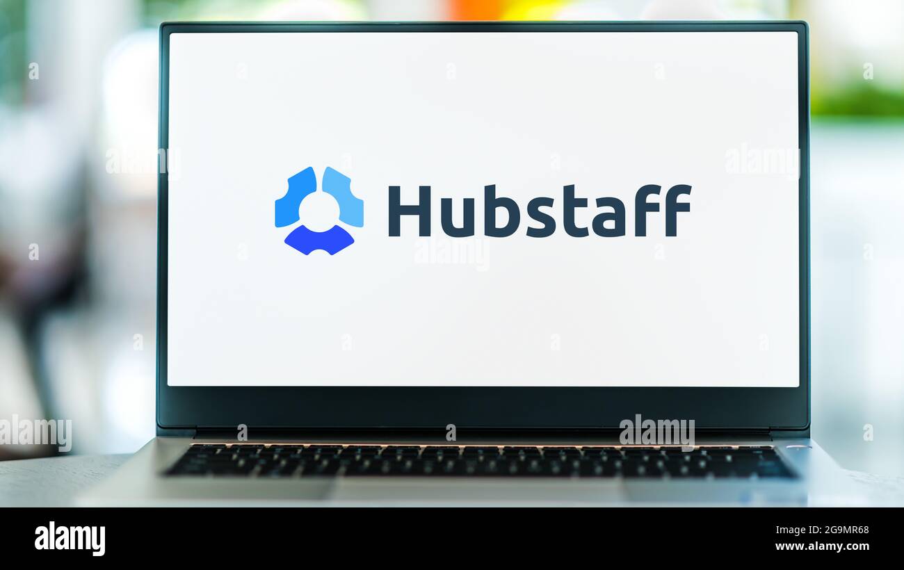 POZNAN, POL - JUN 12, 2021: Laptop computer displaying logo of Hubstaff, a workforce management platform that offers proof of work, time tracking, and Stock Photo