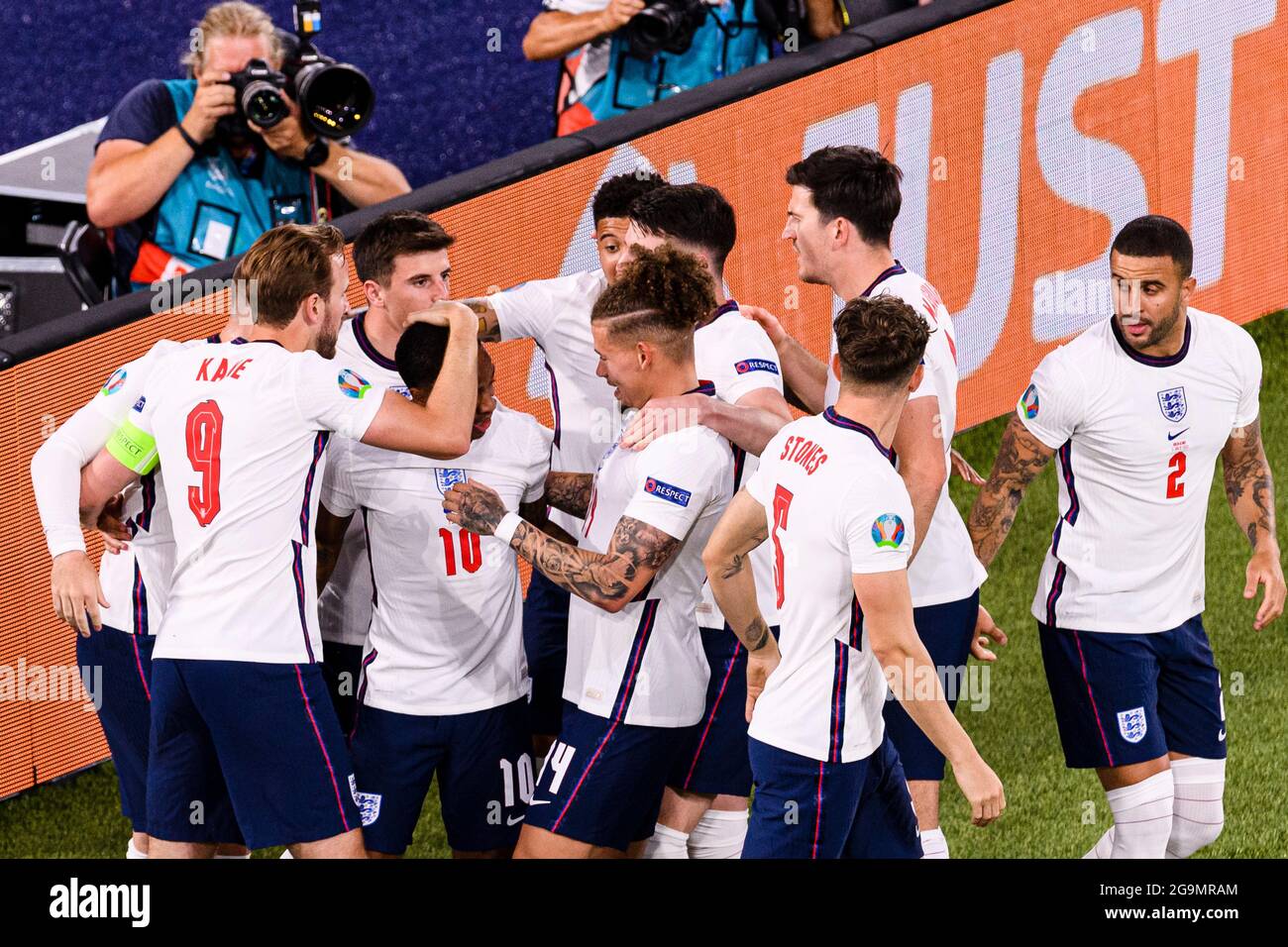 Rome, Italy - 03 July: Harry Kane of England (L) celebrating his goal with his teammates during the UEFA Euro 2020 Championship Quarter-final match be Stock Photo