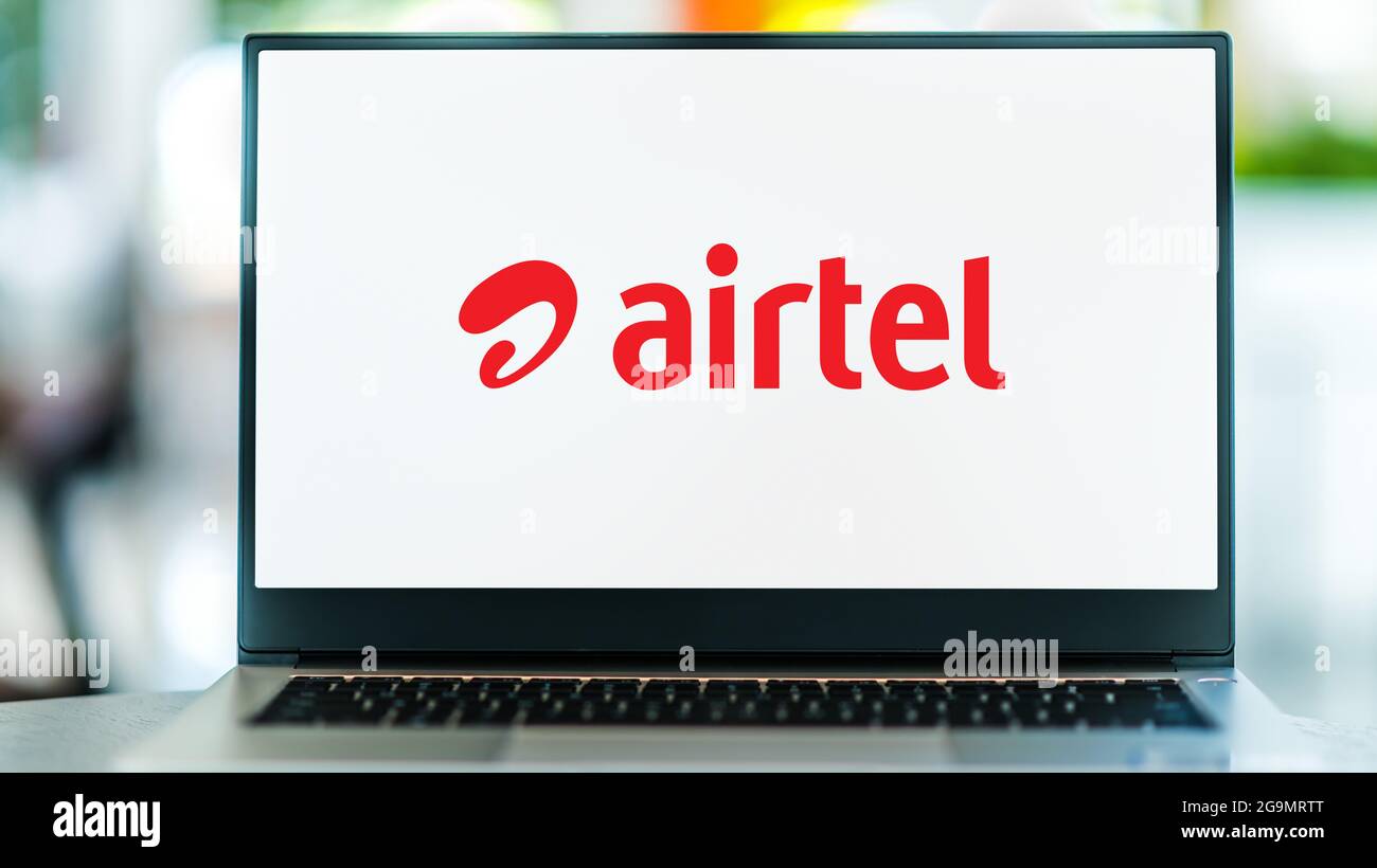 POZNAN, POL - JUL 3, 2021: Laptop computer displaying logo of Bharti Airtel Limited, a multinational telecommunications services company based in New Stock Photo