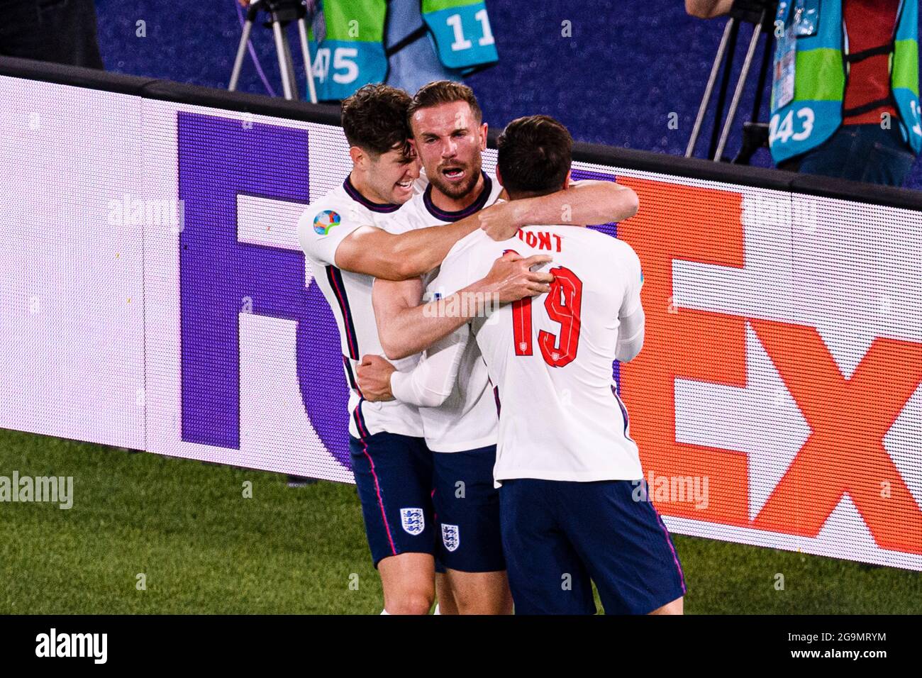 Rome, Italy - 03 July: Jordan Henderson of England (C) celebrating his goal with his teammates during the UEFA Euro 2020 Championship Quarter-final ma Stock Photo