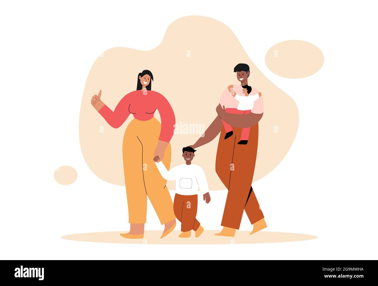 Interracial happy couple with kid. Young parents walk with their sons and express love and care. Wife and Husband together. The concept of family Stock Vector