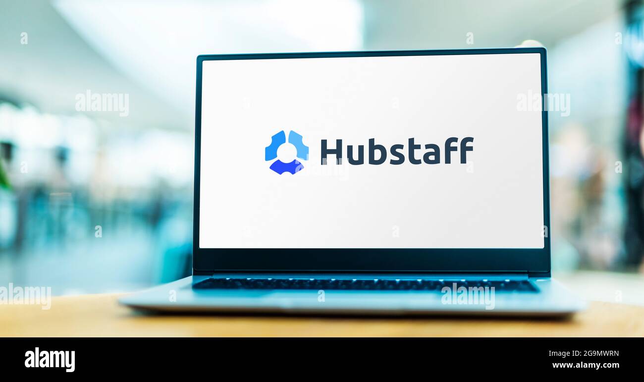POZNAN, POL JUN 12, 2021 Laptop computer displaying logo of Hubstaff