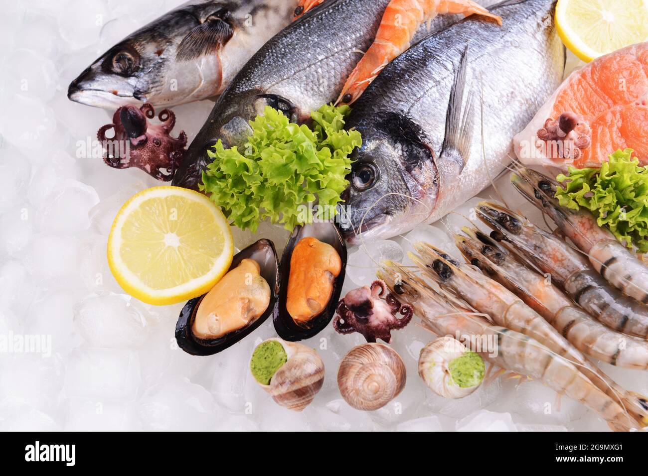 Fresh fish and other seafood on ice Stock Photo Alamy