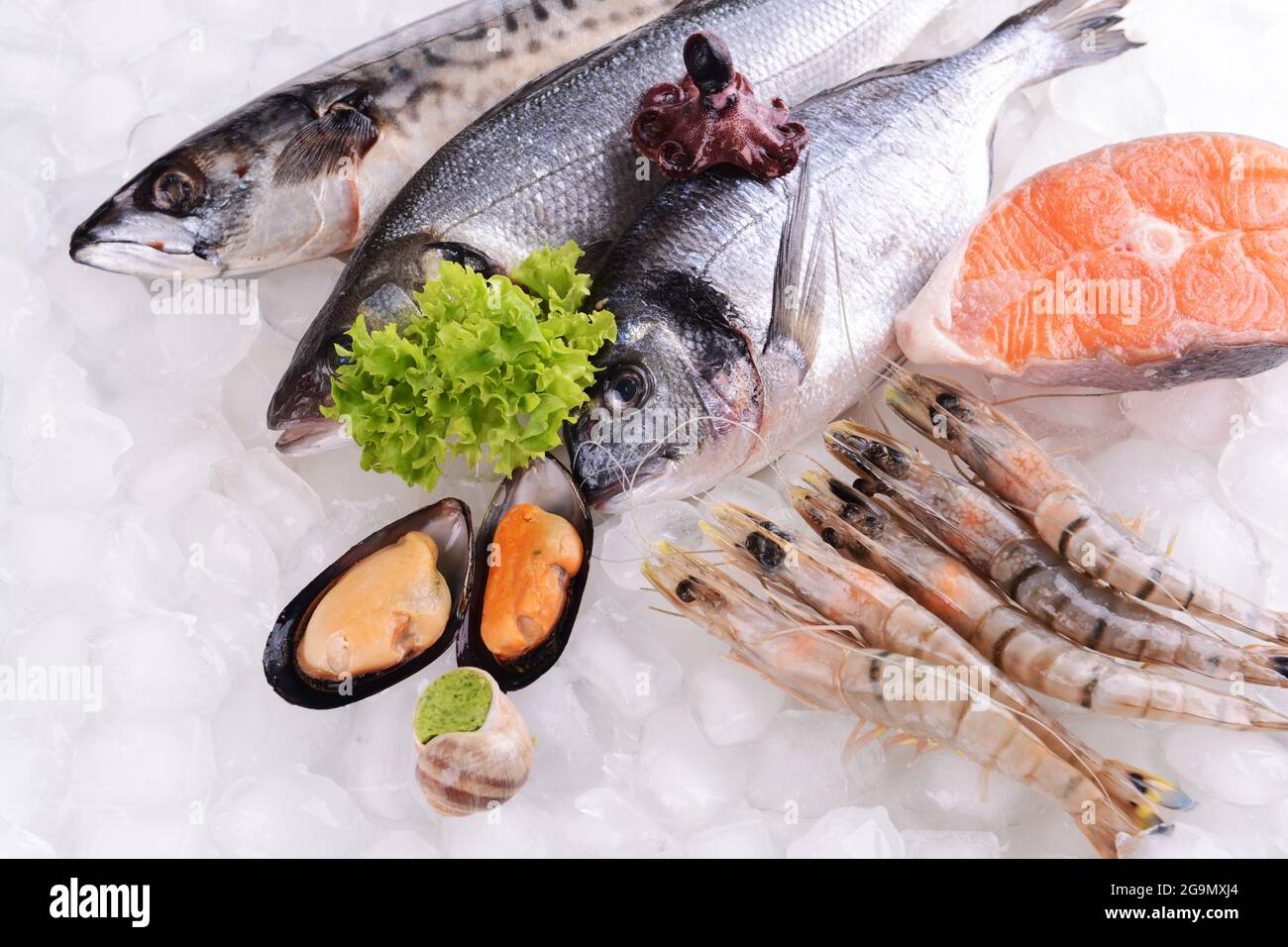 Fresh fish and other seafood on ice Stock Photo Alamy