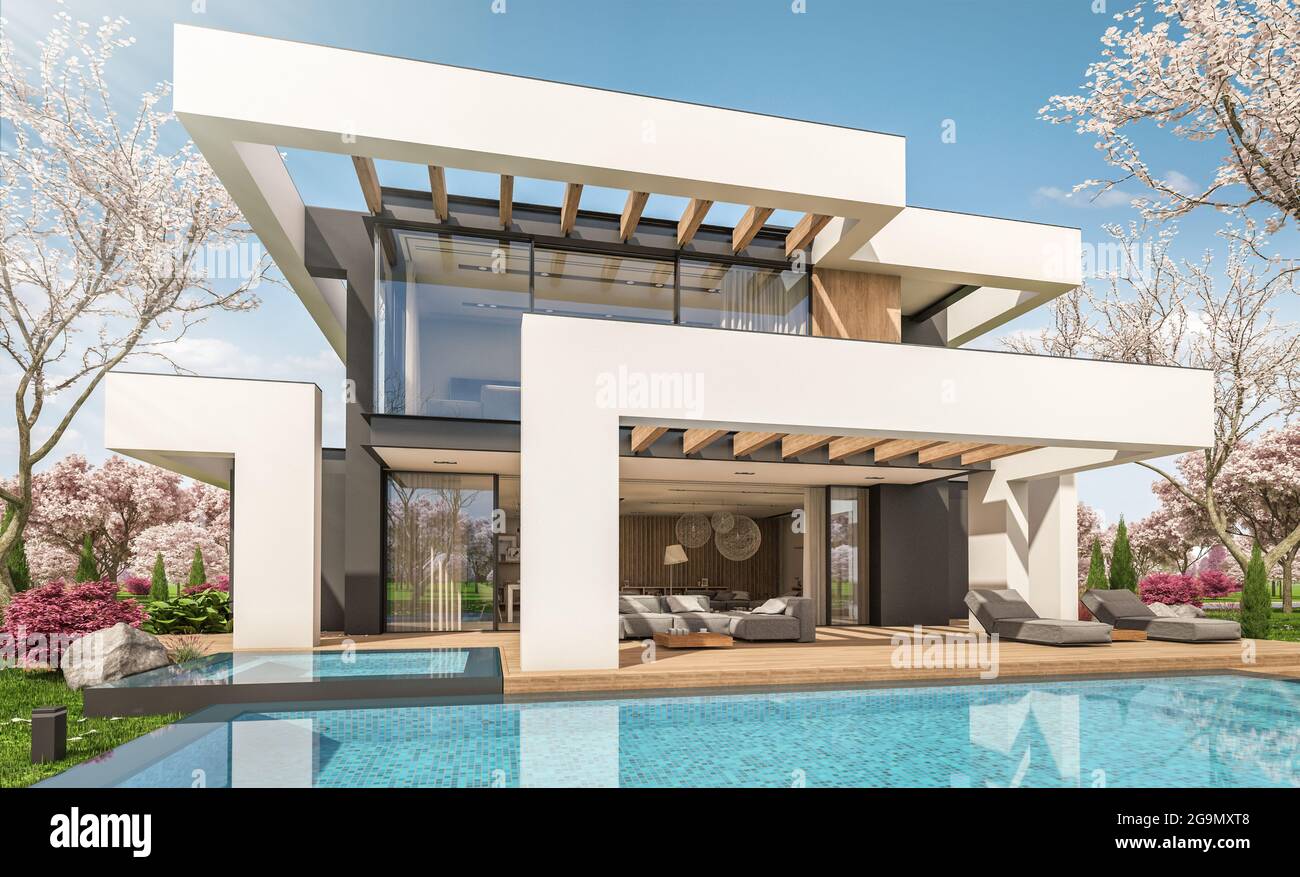 3d rendering of modern cozy house with pool and parking for sale or ...