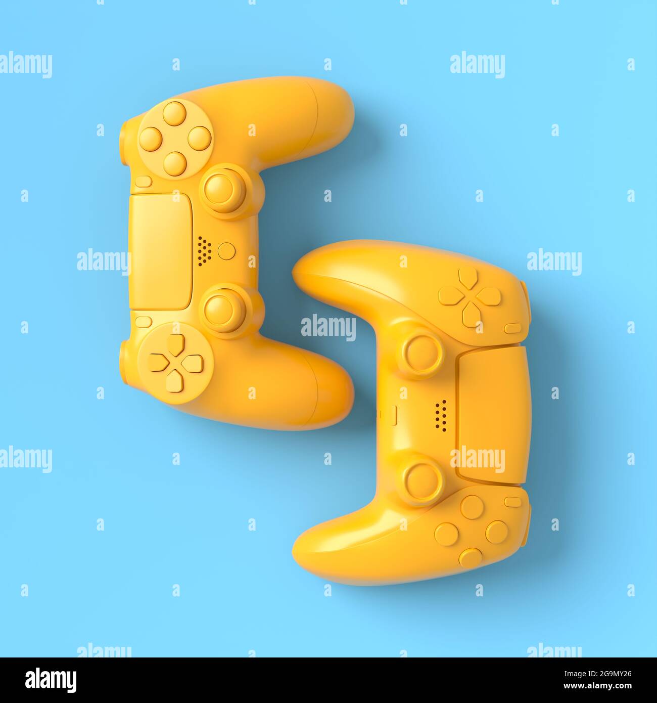 Set of lying gamer joysticks or gamepads on blue and yellow background ...