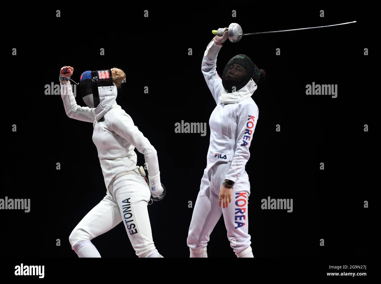 Tokyo, Japan. 27th July, 2021. Katrina Lehis (L) of Estonia and Choi  Injeong of South Korea react during the fencing women's epee team final  between Estonia and South Korea at the Tokyo