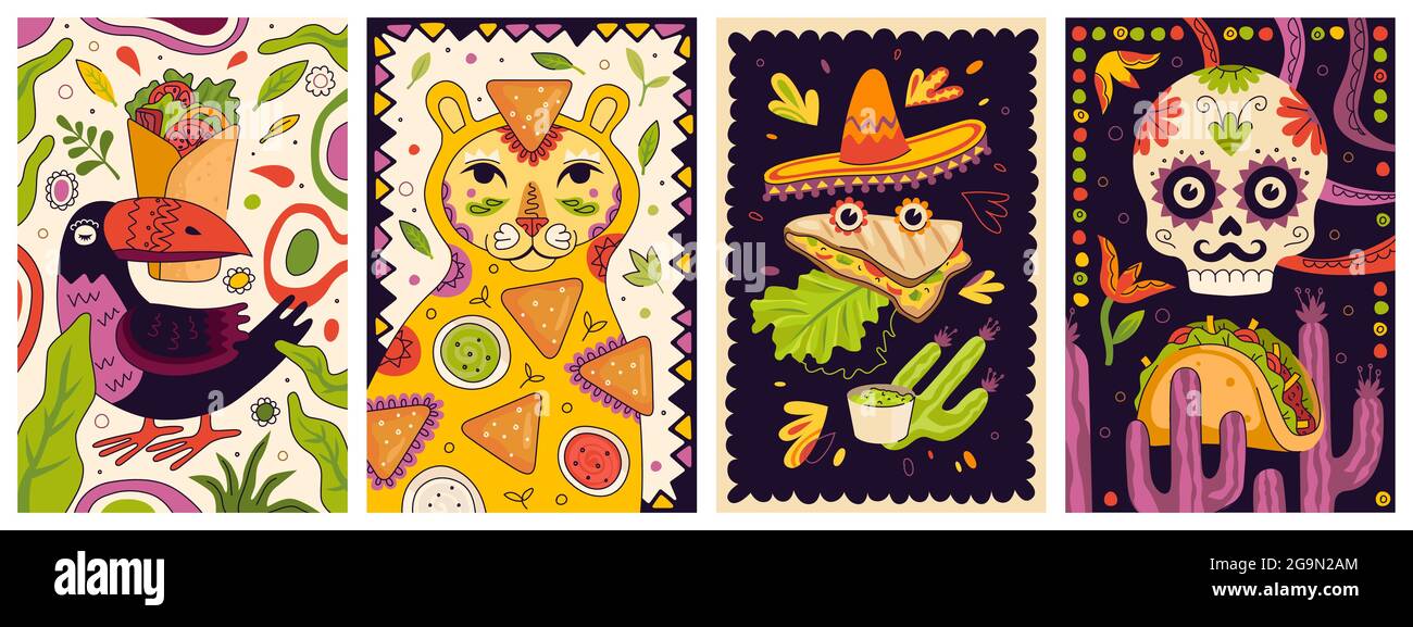 Mexican fast food promo poster design set. Mexico cuisine banner burrito. Latin American dish placard nachos or nacho and sauces. Restaurant or eatery advertising flyers quesadilla and tacos or taco Stock Vector