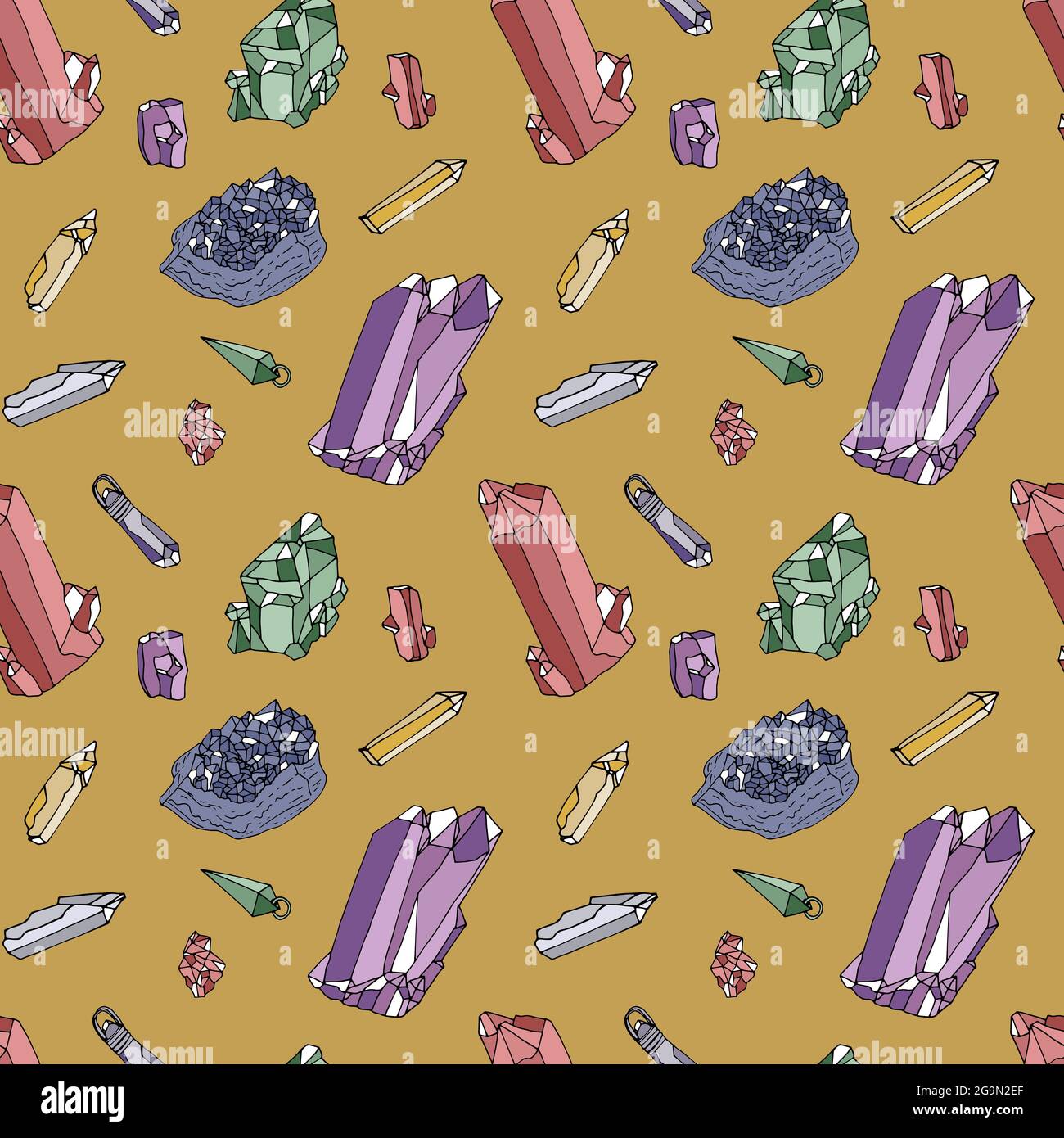Seamless pattern with hand drawn colorful crystals and pendants on gold ...