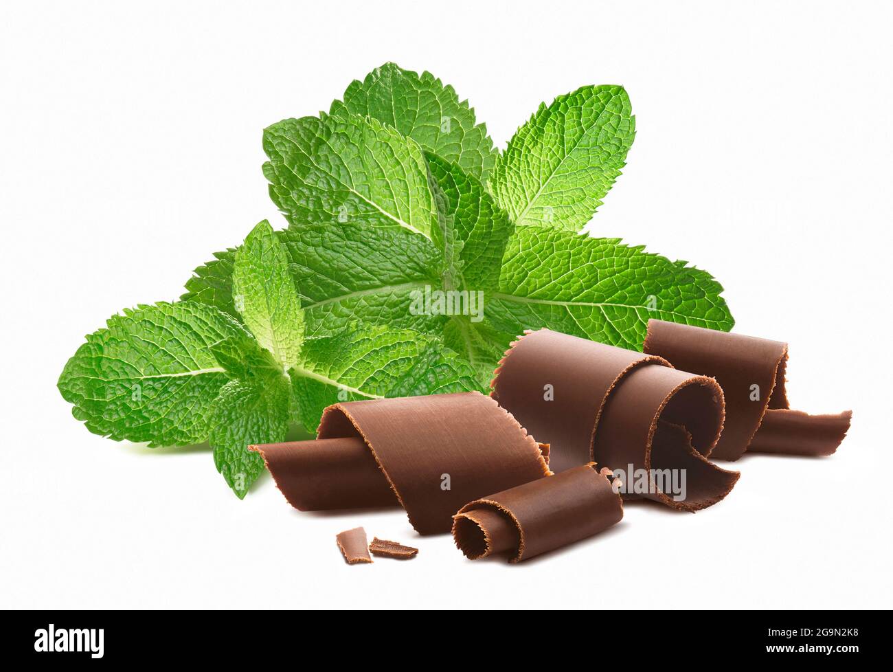 Chocolate curls and mint leaves isolated on white background. Package design element with clipping path Stock Photo