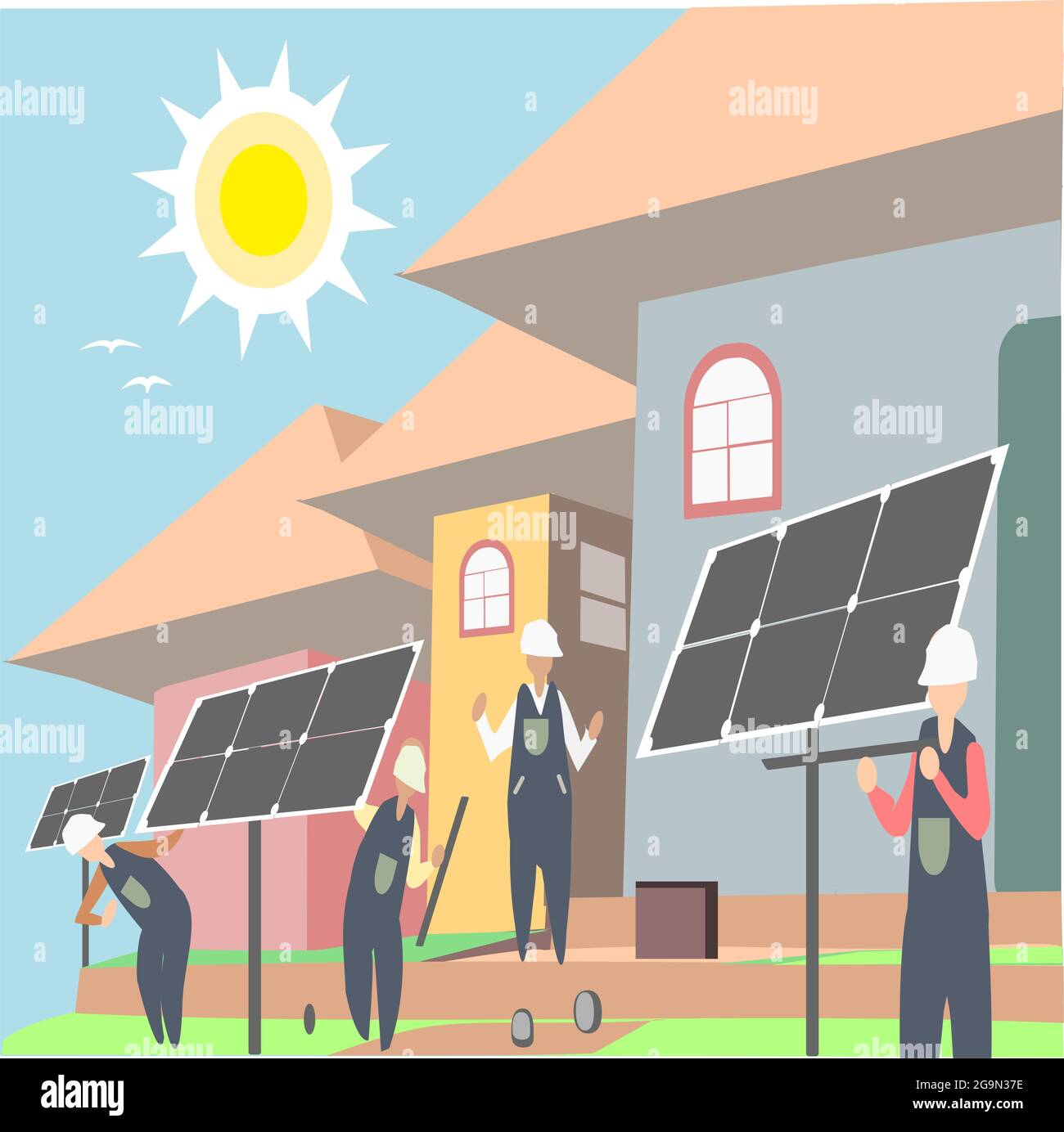 Illustration vector cartoon art of workers from company working to install  solar panels in some house as ecology friendly campaign Stock Vector Image  & Art - Alamy